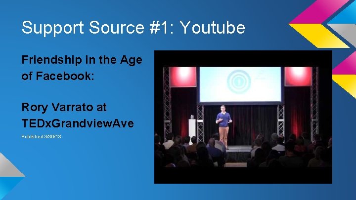 Support Source #1: Youtube Friendship in the Age of Facebook: Rory Varrato at TEDx.