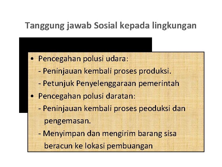 Tanggung jawab Sosial kepada lingkungan • Pencegahan polusi udara: - Peninjauan kembali proses produksi.