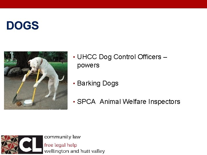 DOGS • UHCC Dog Control Officers – powers • Barking Dogs • SPCA Animal