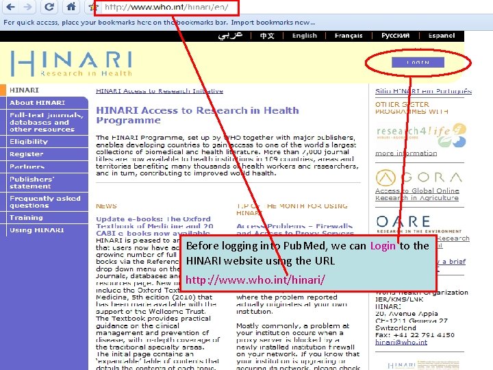 Logging on to HINARI 1 Before logging into Pub. Med, we can Login to