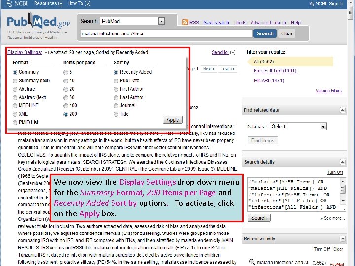 We now view the Display Settings drop down menu for the Summary Format, 200