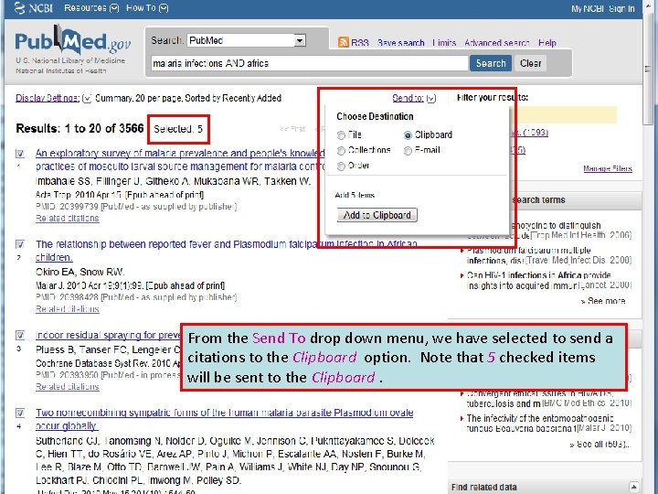 From the Send To drop down menu, we have selected to send a citations