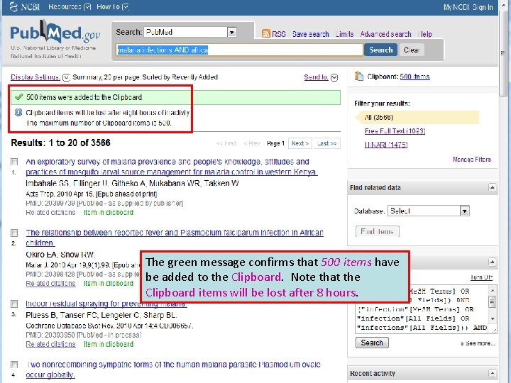 The green message confirms that 500 items have be added to the Clipboard. Note