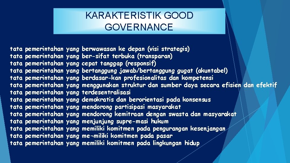 KARAKTERISTIK GOOD GOVERNANCE tata tata tata tata pemerintahan pemerintahan pemerintahan pemerintahan yang yang yang