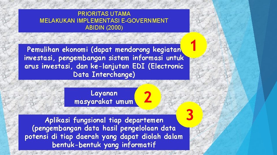 PRIORITAS UTAMA MELAKUKAN IMPLEMENTASI E-GOVERNMENT ABIDIN (2000) Pemulihan ekonomi (dapat mendorong kegiatan investasi, pengembangan