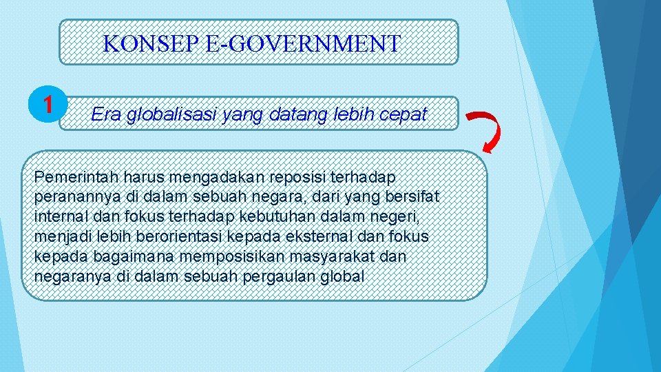 KONSEP E-GOVERNMENT 1 Era globalisasi yang datang lebih cepat Pemerintah harus mengadakan reposisi terhadap