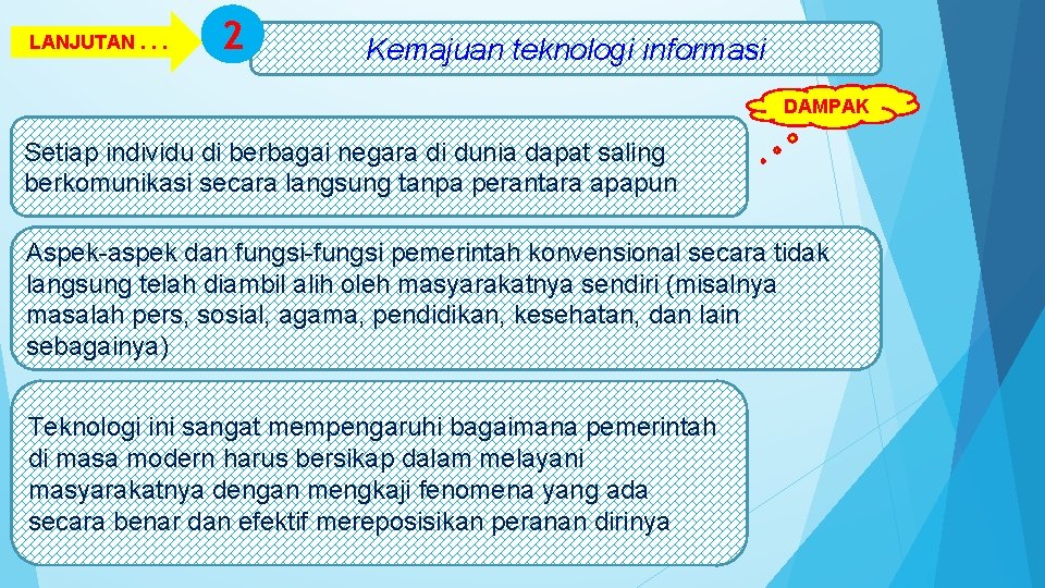 LANJUTAN. . . 2 Kemajuan teknologi informasi DAMPAK Setiap individu di berbagai negara di