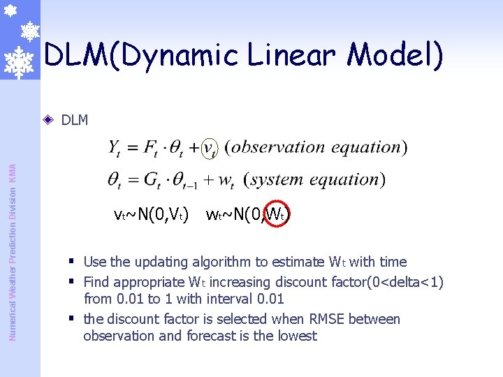 DLM(Dynamic Linear Model) Numerical Weather Prediction Division KMA DLM vt~N(0, Vt) wt~N(0, Wt) § DLM(Dynamic Linear Model) Numerical Weather Prediction Division KMA DLM vt~N(0, Vt) wt~N(0, Wt) §