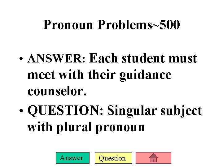 Pronoun Problems~500 • ANSWER: Each student must meet with their guidance counselor. • QUESTION: