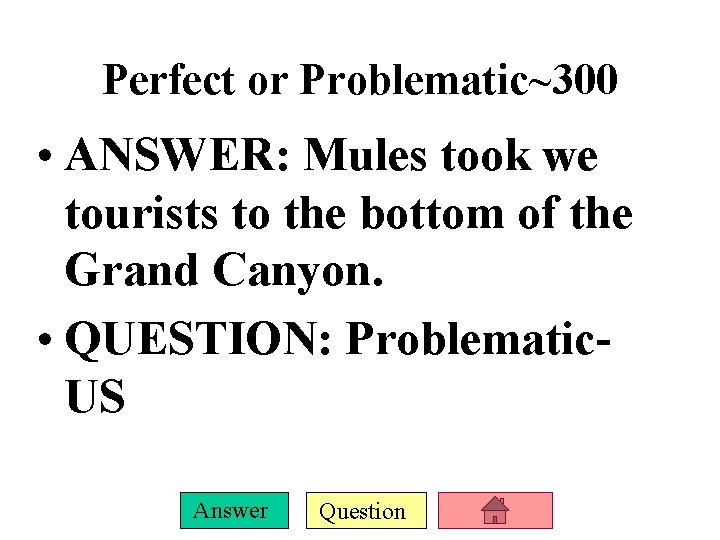 Perfect or Problematic~300 • ANSWER: Mules took we tourists to the bottom of the