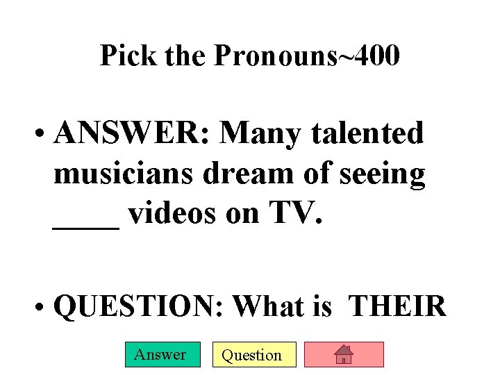 Pick the Pronouns~400 • ANSWER: Many talented musicians dream of seeing ____ videos on Pick the Pronouns~400 • ANSWER: Many talented musicians dream of seeing ____ videos on