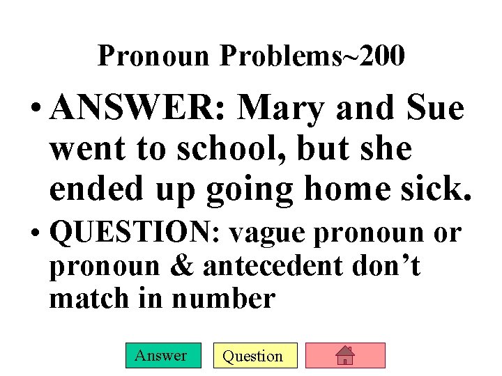 Pronoun Problems~200 • ANSWER: Mary and Sue went to school, but she ended up Pronoun Problems~200 • ANSWER: Mary and Sue went to school, but she ended up
