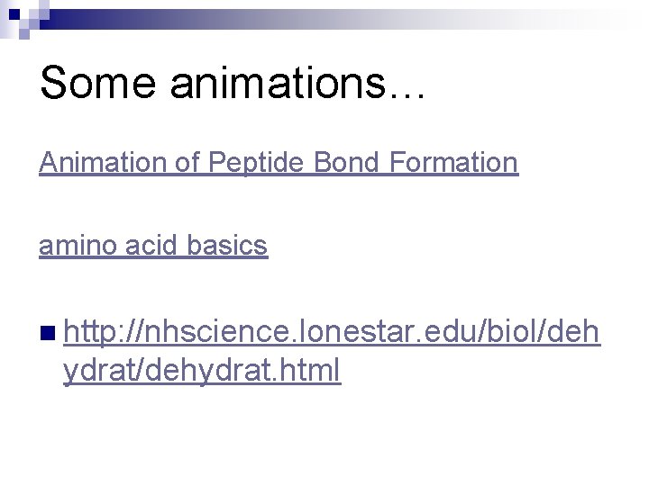 Some animations… Animation of Peptide Bond Formation amino acid basics n http: //nhscience. lonestar.