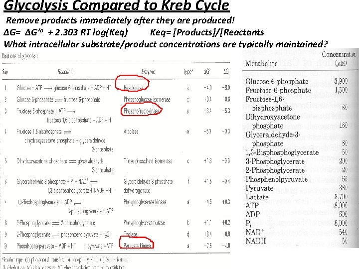 Glycolysis Compared to Kreb Cycle Remove products immediately after they are produced! ∆G= ∆G’o