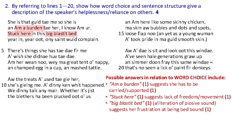 2. By referring to lines 1― 20, show word choice and sentence structure give