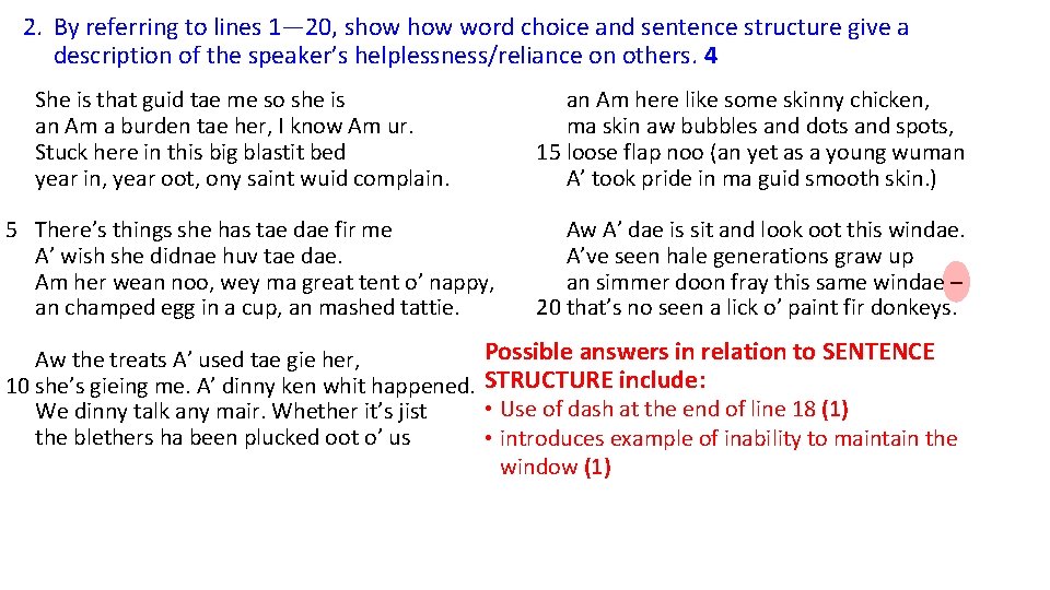 2. By referring to lines 1― 20, show word choice and sentence structure give