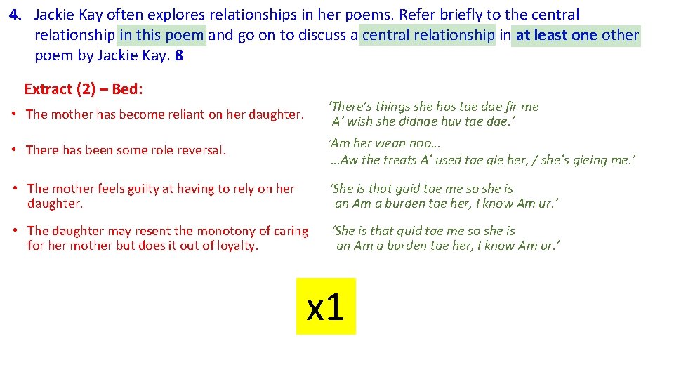 4. Jackie Kay often explores relationships in her poems. Refer briefly to the central