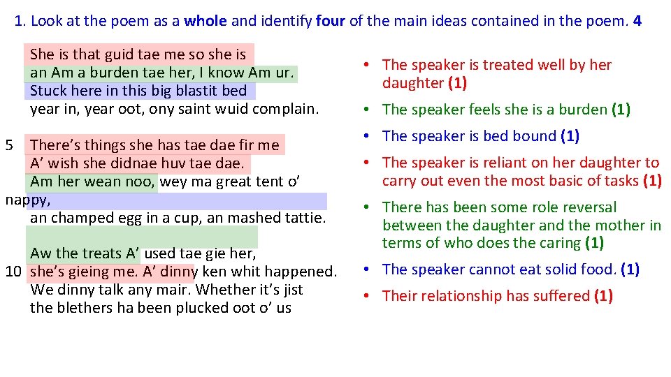 1. Look at the poem as a whole and identify four of the main