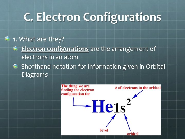 C. Electron Configurations 1. What are they? Electron configurations are the arrangement of electrons