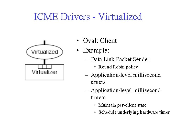 ICME Drivers - Virtualized • Oval: Client • Example: – Data Link Packet Sender