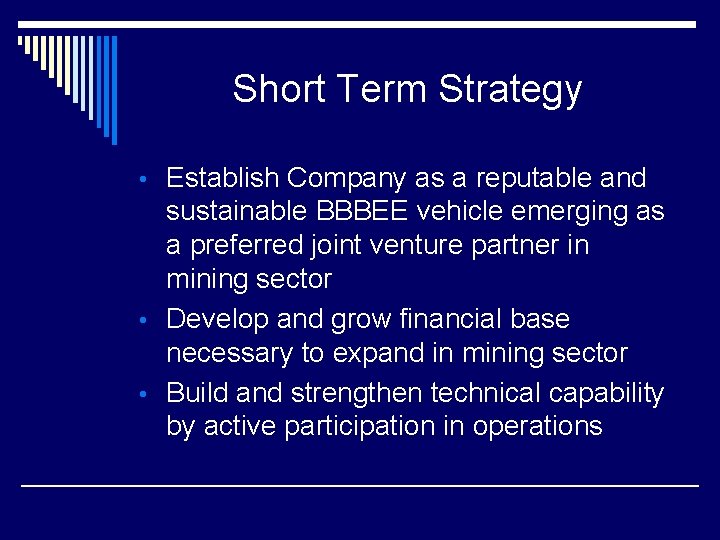 Short Term Strategy • Establish Company as a reputable and sustainable BBBEE vehicle emerging
