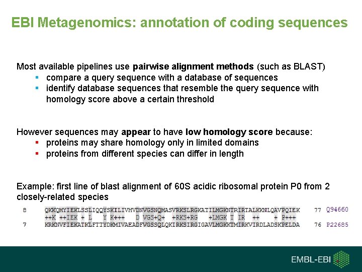 EBI Metagenomics: annotation of coding sequences Most available pipelines use pairwise alignment methods (such