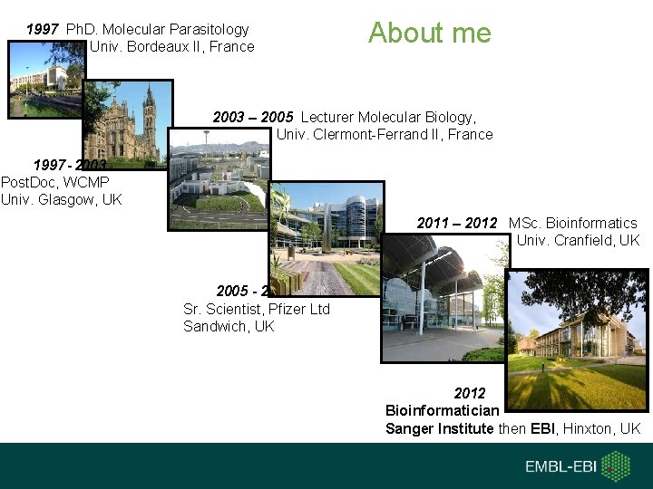 1997 Ph. D. Molecular Parasitology Univ. Bordeaux II, France About me 2003 – 2005