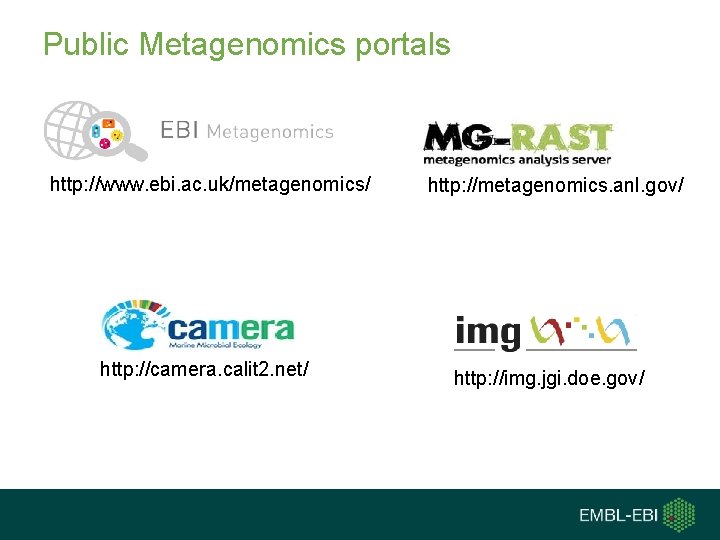 Public Metagenomics portals http: //www. ebi. ac. uk/metagenomics/ http: //camera. calit 2. net/ http: