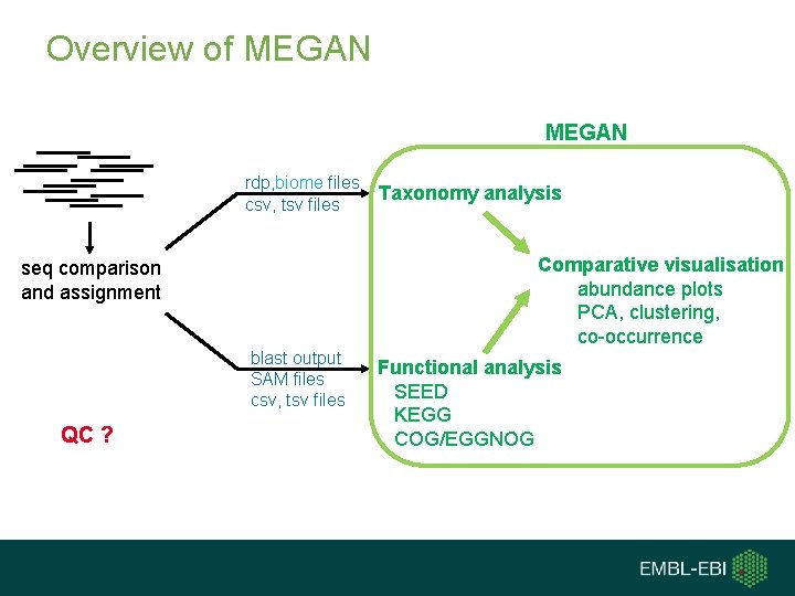 Overview of MEGAN rdp, biome files csv, tsv files Comparative visualisation abundance plots PCA,