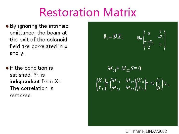 Restoration Matrix By ignoring the intrinsic emittance, the beam at the exit of the