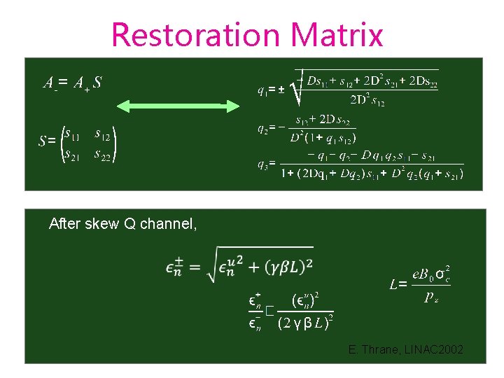 Restoration Matrix After skew Q channel, E. Thrane, LINAC 2002 