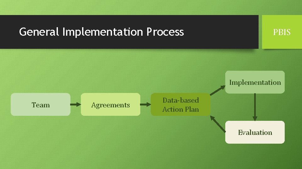 General Implementation Process PBIS Implementation Team Agreements Data-based Action Plan Evaluation 