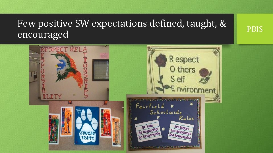 Few positive SW expectations defined, taught, & encouraged PBIS 