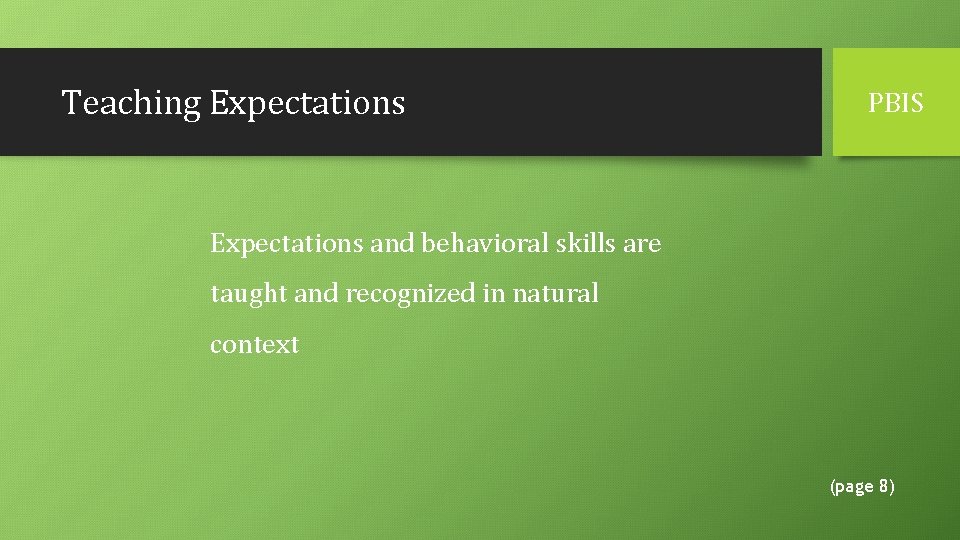 Teaching Expectations PBIS Expectations and behavioral skills are taught and recognized in natural context