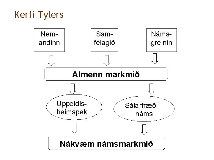 Kerfi Tylers Nemandinn Samfélagið Námsgreinin Almenn markmið Uppeldisheimspeki Sálarfræði náms Nákvæm námsmarkmið 