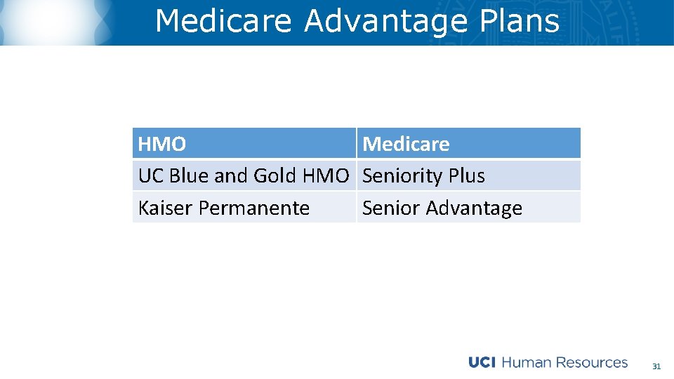 Medicare Advantage Plans HMO Medicare UC Blue and Gold HMO Seniority Plus Kaiser Permanente