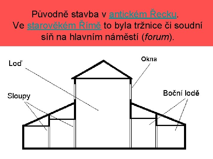  Původně stavba v antickém Řecku. Ve starověkém Římě to byla tržnice či soudní