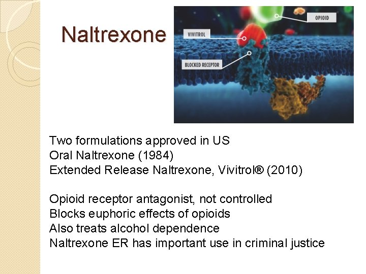 Naltrexone Two formulations approved in US Oral Naltrexone (1984) Extended Release Naltrexone, Vivitrol® (2010)