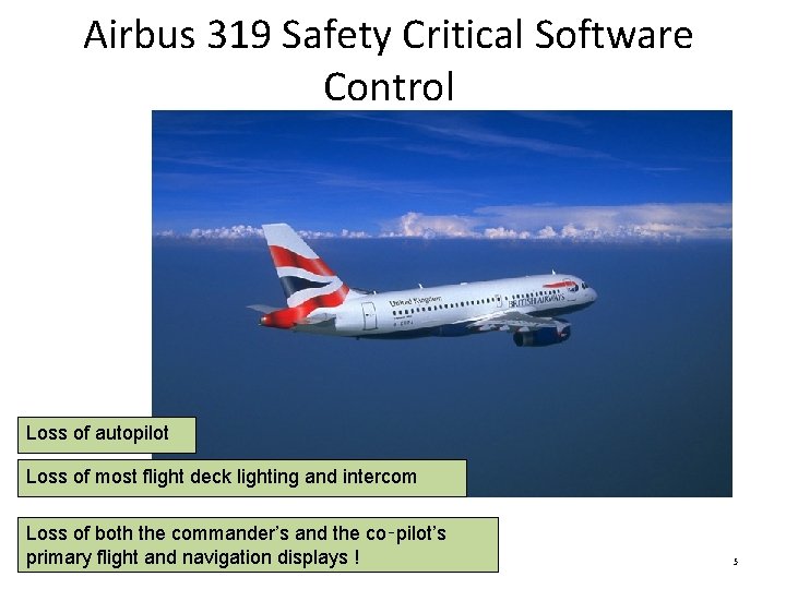 Airbus 319 Safety Critical Software Control Loss of autopilot Loss of most flight deck
