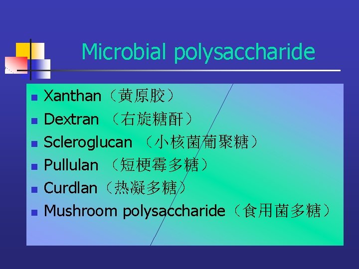 Microbial polysaccharide n n n Xanthan（黄原胶） Dextran （右旋糖酐） Scleroglucan （小核菌葡聚糖） Pullulan （短梗霉多糖） Curdlan（热凝多糖） Mushroom