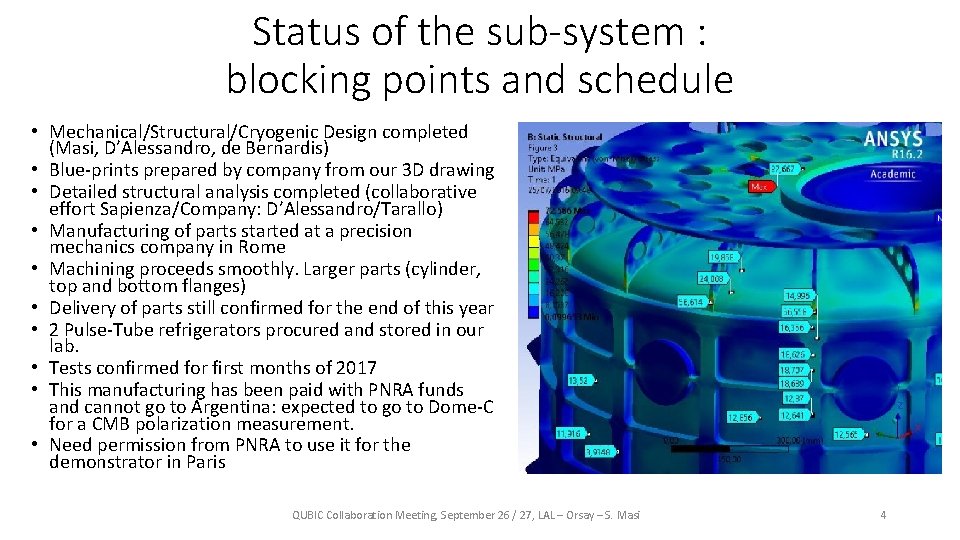 Status of the sub-system : blocking points and schedule • Mechanical/Structural/Cryogenic Design completed (Masi,