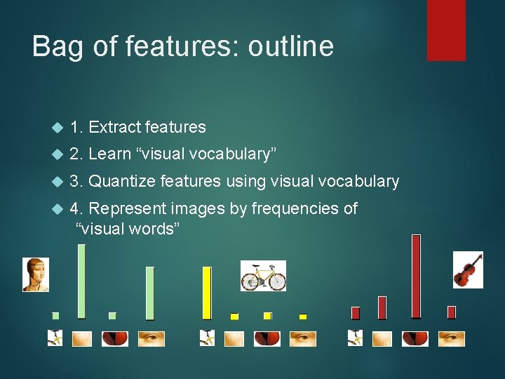 Bag of features: outline 1. Extract features 2. Learn “visual vocabulary” 3. Quantize features