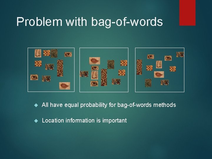 Problem with bag-of-words All have equal probability for bag-of-words methods Location information is important