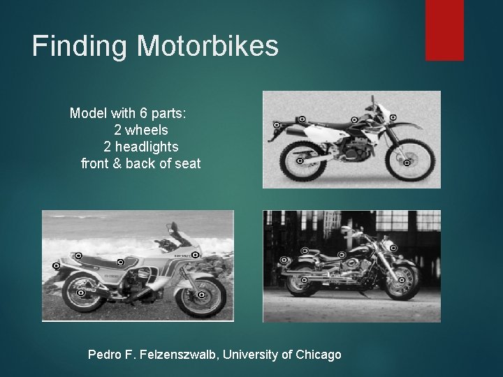 Finding Motorbikes Model with 6 parts: 2 wheels 2 headlights front & back of