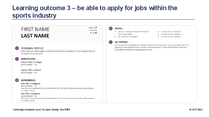 Learning outcome 3 – be able to apply for jobs within the sports industry