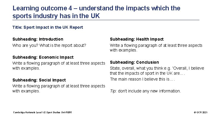 Learning outcome 4 – understand the impacts which the sports industry has in the