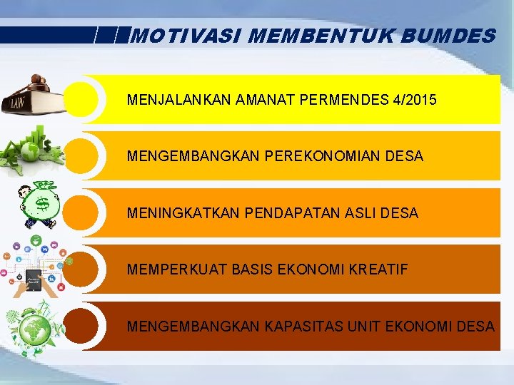 MOTIVASI MEMBENTUK BUMDES MENJALANKAN AMANAT PERMENDES 4/2015 MENGEMBANGKAN PEREKONOMIAN DESA MENINGKATKAN PENDAPATAN ASLI DESA