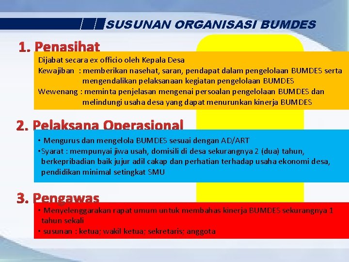 SUSUNAN ORGANISASI BUMDES 1. Penasihat Dijabat secara ex officio oleh Kepala Desa Kewajiban :