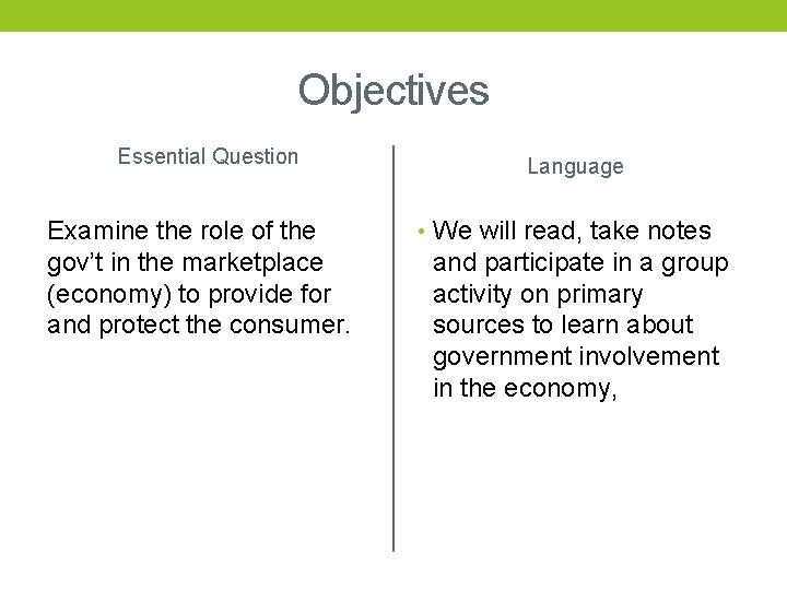 Objectives Essential Question Examine the role of the gov’t in the marketplace (economy) to