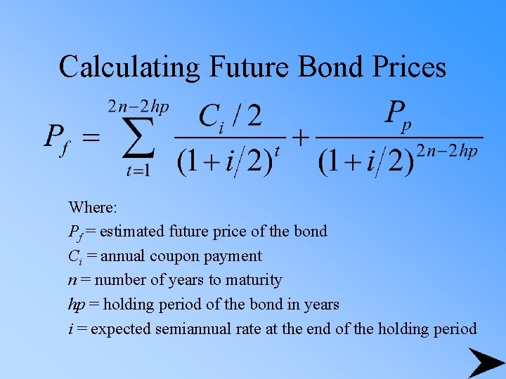Calculating Future Bond Prices Where: Pf = estimated future price of the bond Ci